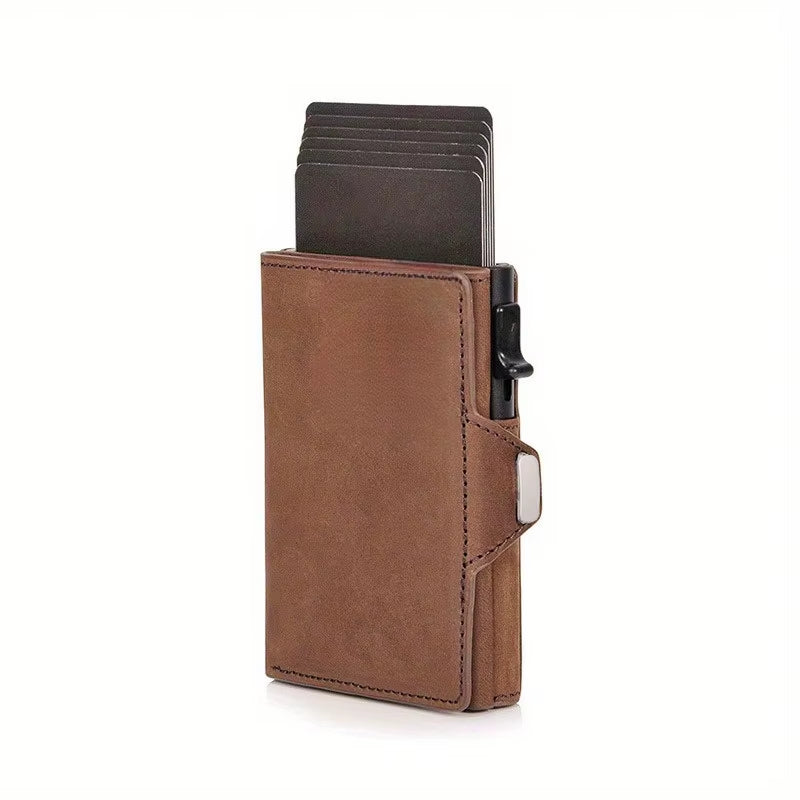 Pop-Up Credit Card Case with RFID Protection Genuine Leather Wallet with Compartment for Notes and Coins for Men and Women