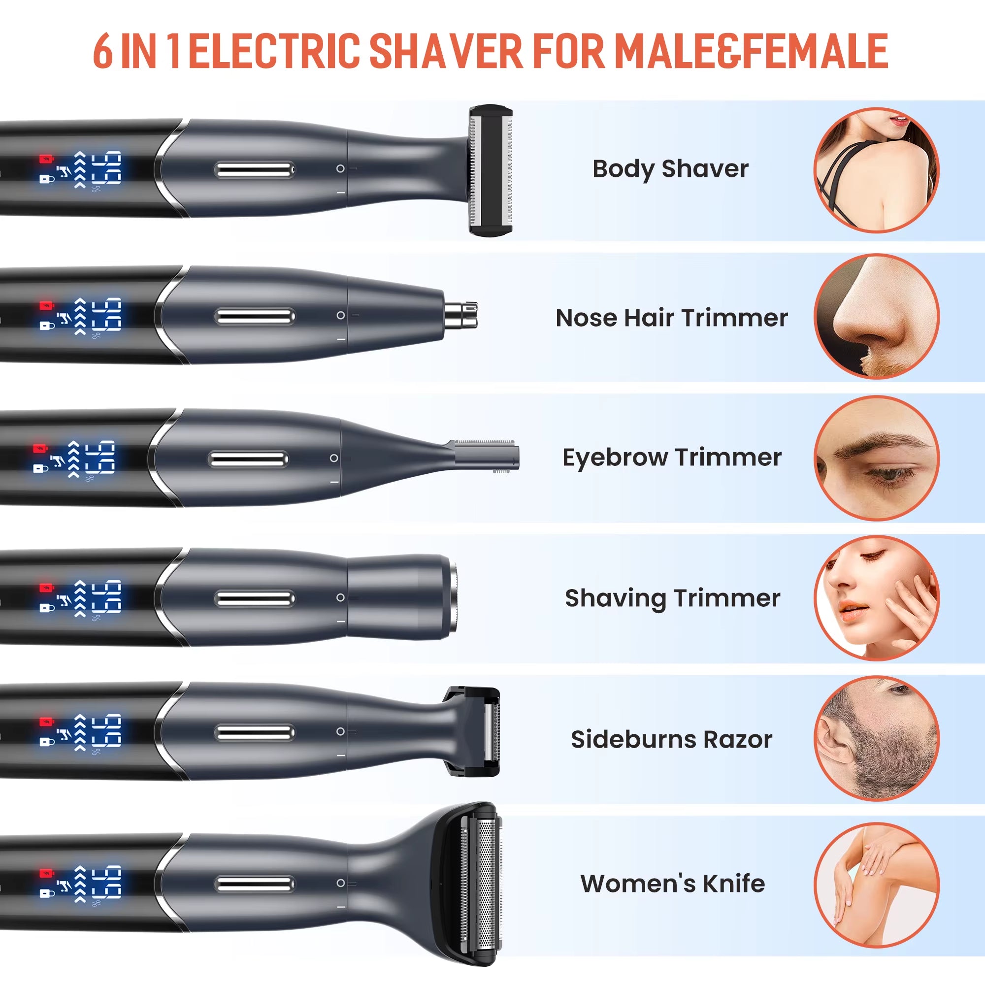 6 in 1 Body Hair Trimmer Kit Electric Beard Shaver Men&Women Nose Hair Trimmer Eyebrow Razor Portable Body Shaver IPX5